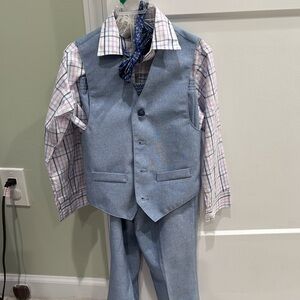Van Heusen Boys Light Blue Four-Piece Dress Suit with Plaid Shirt, Vest & Bow Ti